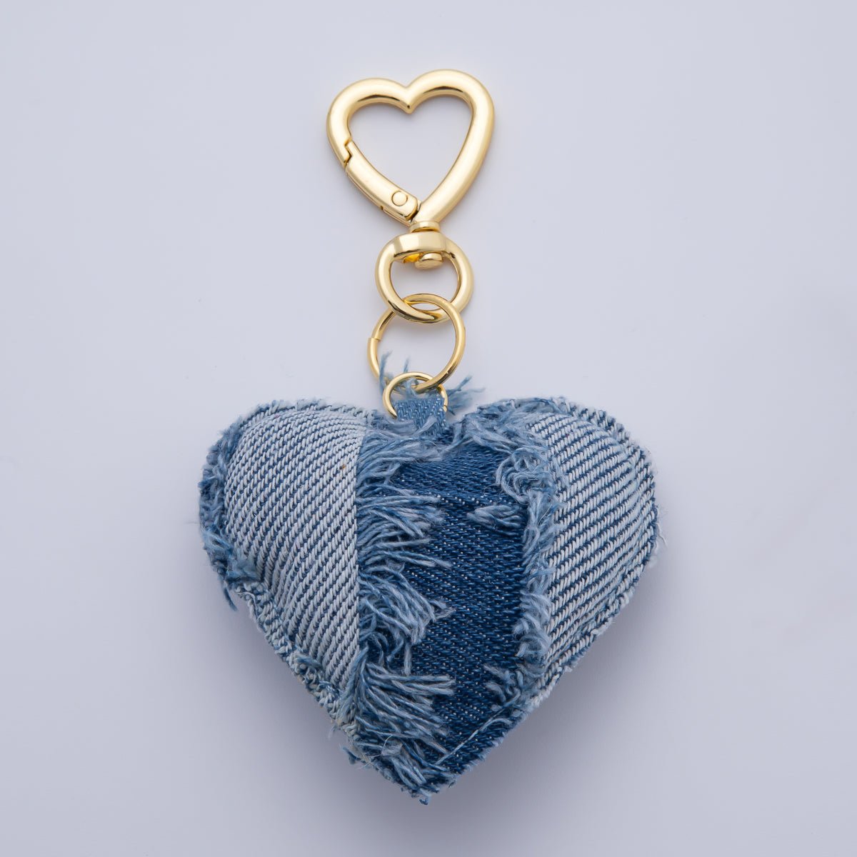 18K Gold Filled Blue Denim Puffy Heart Push Gate King Ring Keychain Accessories | AB - 00145 ~ WB - 00147 - DLUXCA