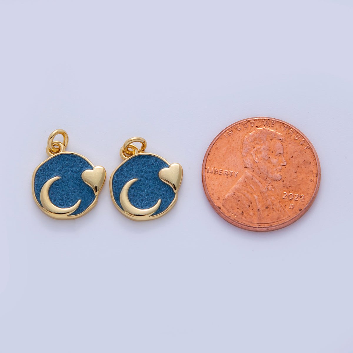 18K Gold Filled Blue Enamel Heart Crescent Moon Round Charm | AF327 - DLUXCA