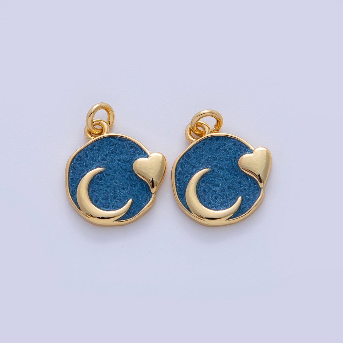 18K Gold Filled Blue Enamel Heart Crescent Moon Round Charm | AF327 - DLUXCA