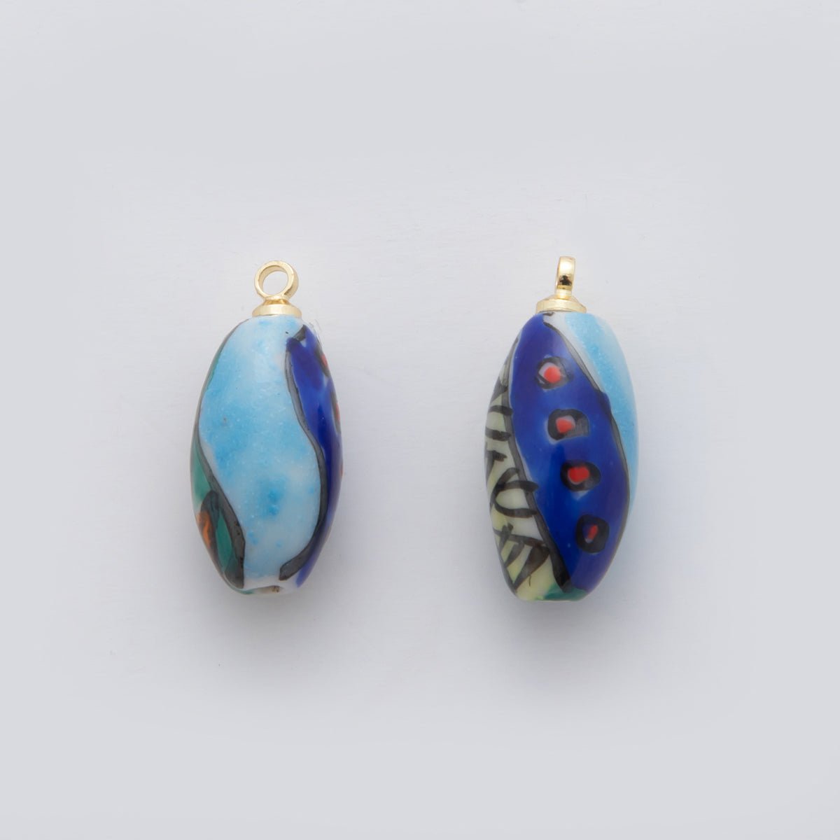 18K Gold Filled Blue - Green Abstract Doodle Oblong Ceramic Drop Pendant | X533 - DLUXCA