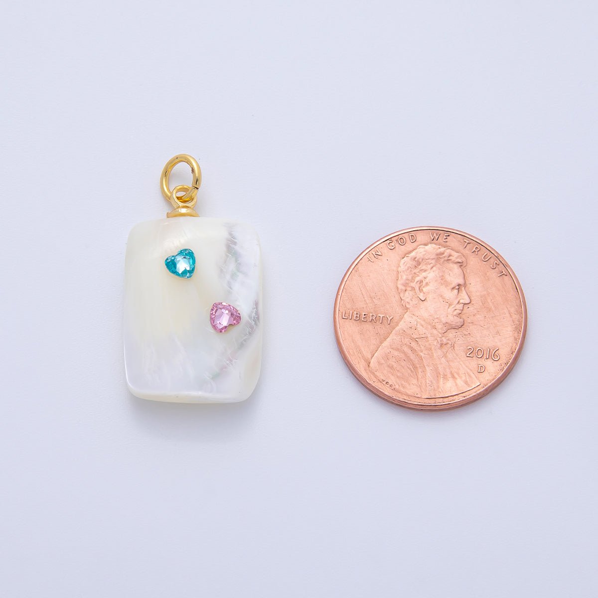 18K Gold Filled Blue Pink Heart CZ Shell Pearl Rectangular Charm | AF1384 - DLUXCA