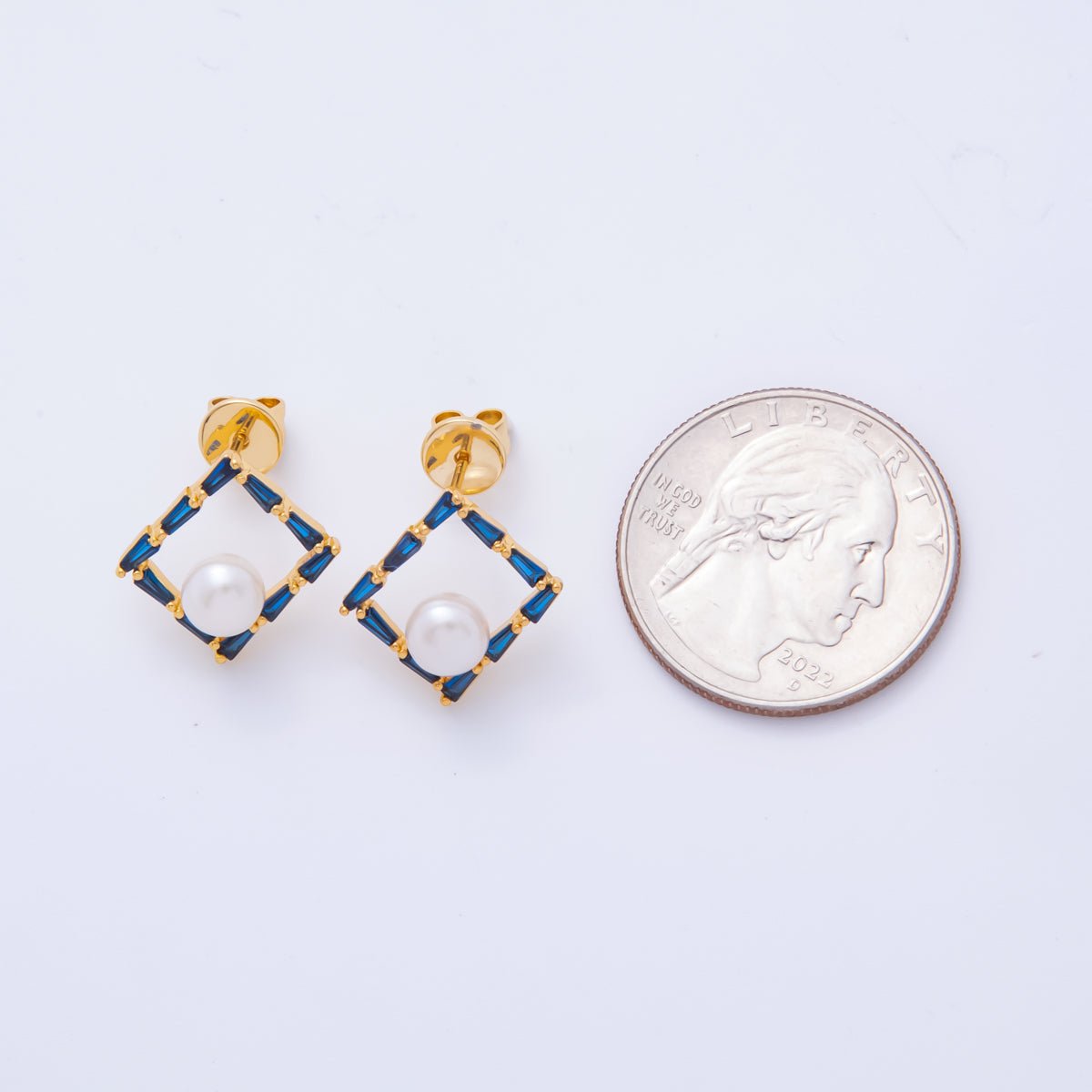 18K Gold Filled Blue Rectangular CZ Centerpoint Shell Pearl Square Studs Earrings | AJ - 189 - DLUXCA