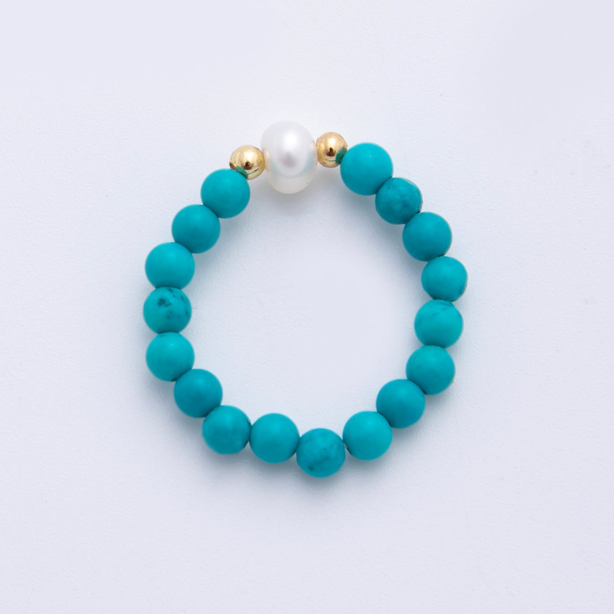 18K Gold Filled Blue Turquoise Gemstone Solitaire Freshwater Pearl Bead Stretch Ring | O188 - DLUXCA