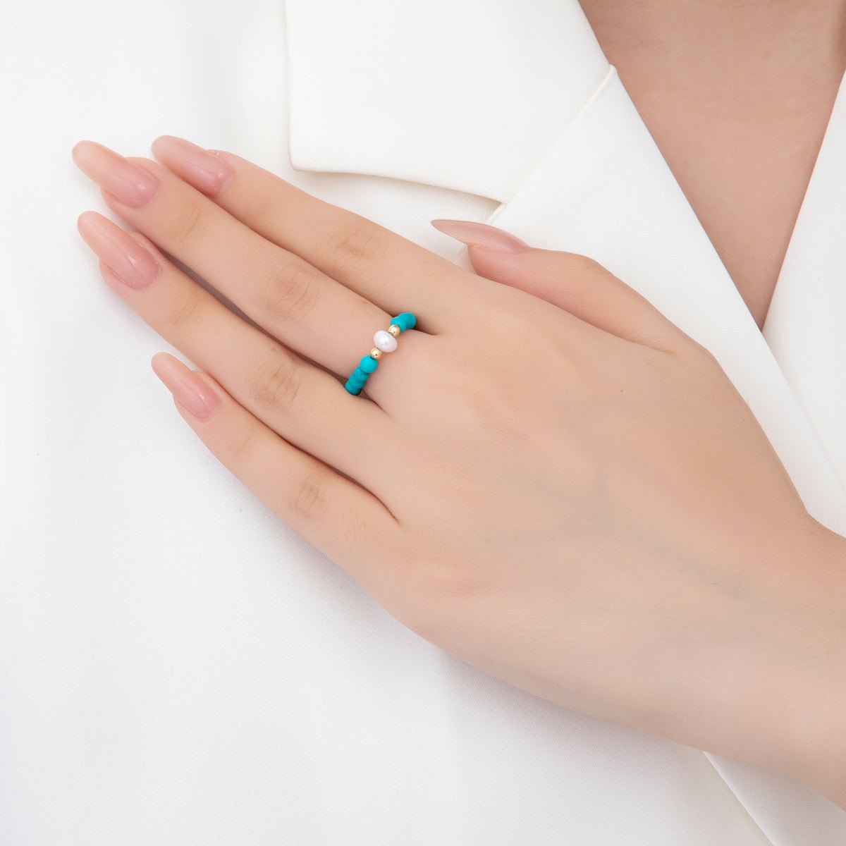 18K Gold Filled Blue Turquoise Gemstone Solitaire Freshwater Pearl Bead Stretch Ring | O188 - DLUXCA