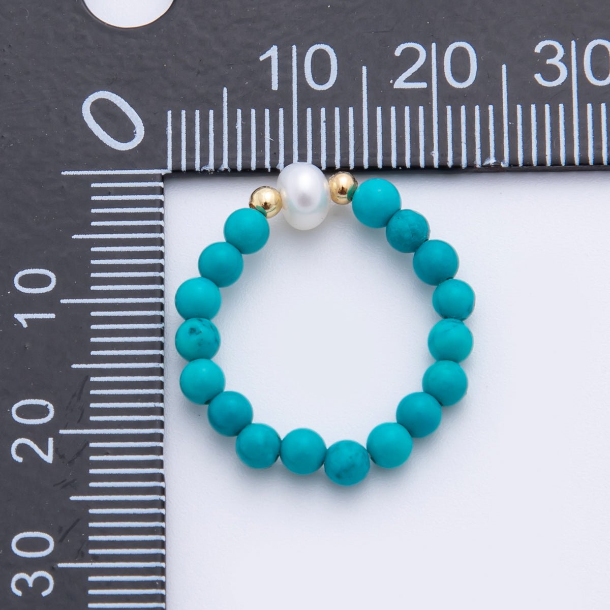 18K Gold Filled Blue Turquoise Gemstone Solitaire Freshwater Pearl Bead Stretch Ring | O188 - DLUXCA