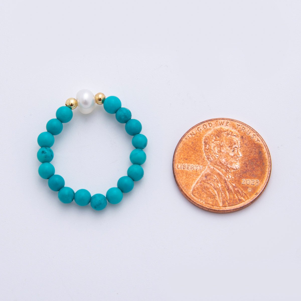 18K Gold Filled Blue Turquoise Gemstone Solitaire Freshwater Pearl Bead Stretch Ring | O188 - DLUXCA
