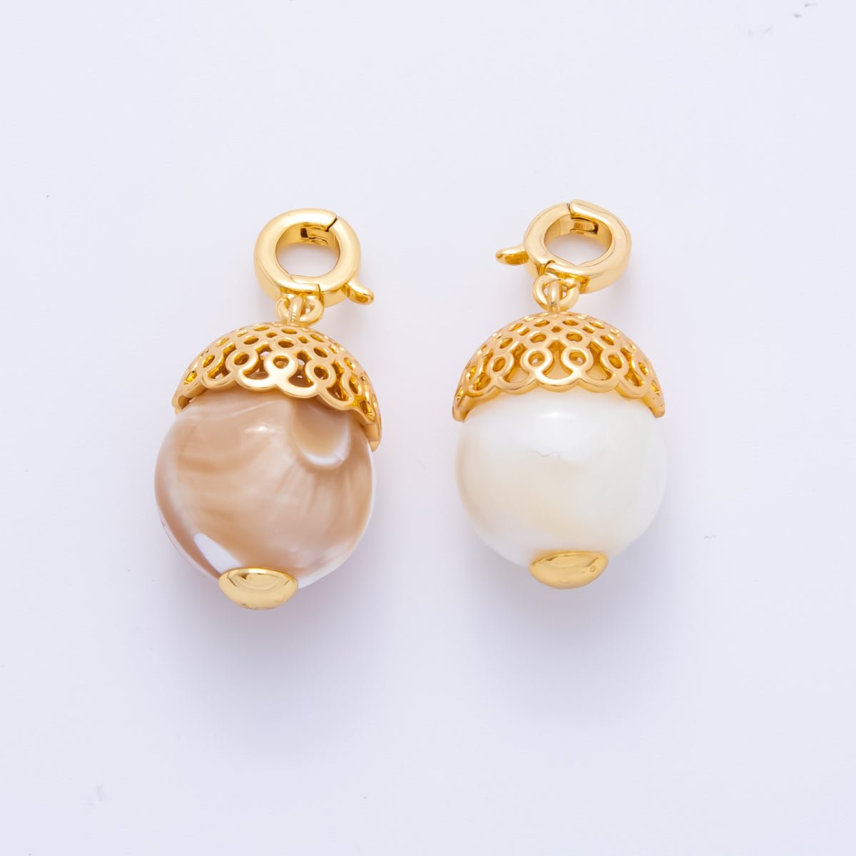 18K Gold Filled Brown, White Shell Pearl Filigree Snap Bail Pendant | AH - 786 - DLUXCA