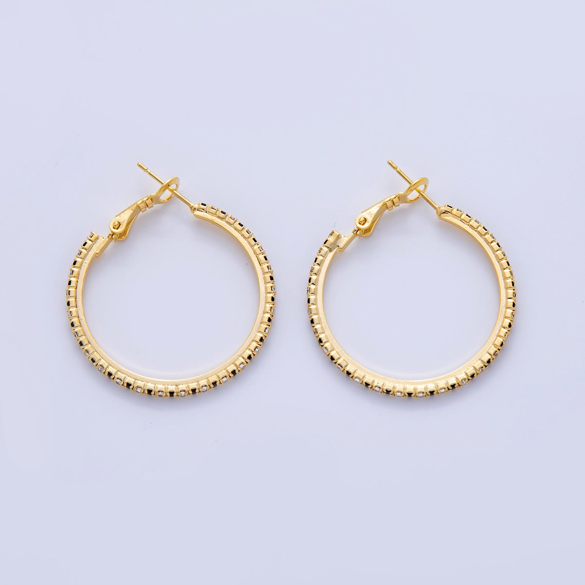 18K Gold Filled B&W Micro Paved CZ Single Step Omega Back Hoop Earrings in Gold & Silver | AI314 - AI323 - DLUXCA