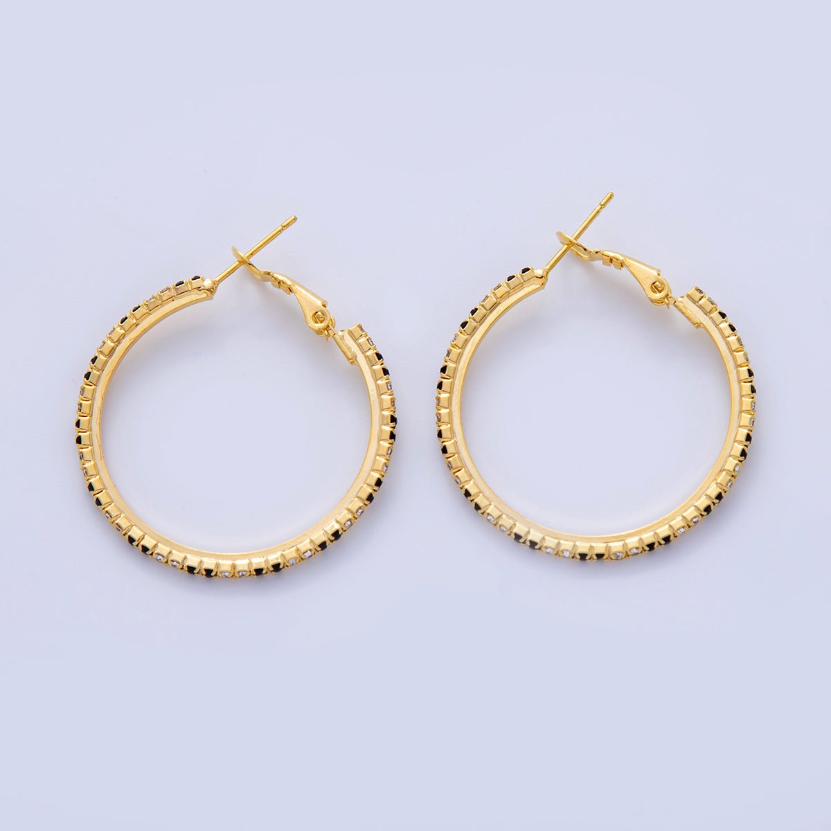 18K Gold Filled B&W Micro Paved CZ Twin Step Omega Back Hoop Earrings in Gold & Silver | AI324 - AI333 - DLUXCA