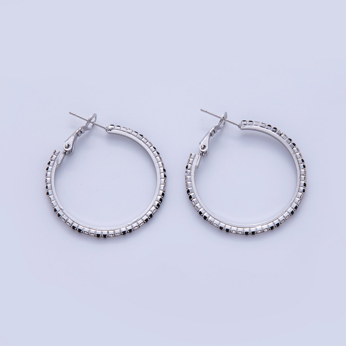 18K Gold Filled B&W Micro Paved CZ Twin Step Omega Back Hoop Earrings in Gold & Silver | AI324 - AI333 - DLUXCA