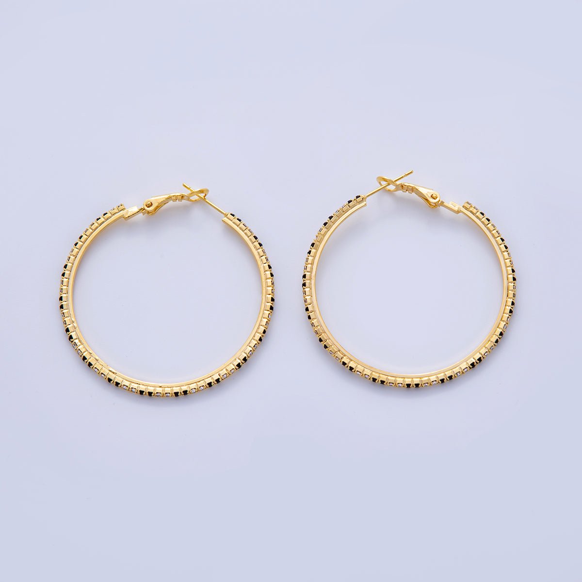 18K Gold Filled B&W Micro Paved CZ Twin Step Omega Back Hoop Earrings in Gold & Silver | AI324 - AI333 - DLUXCA