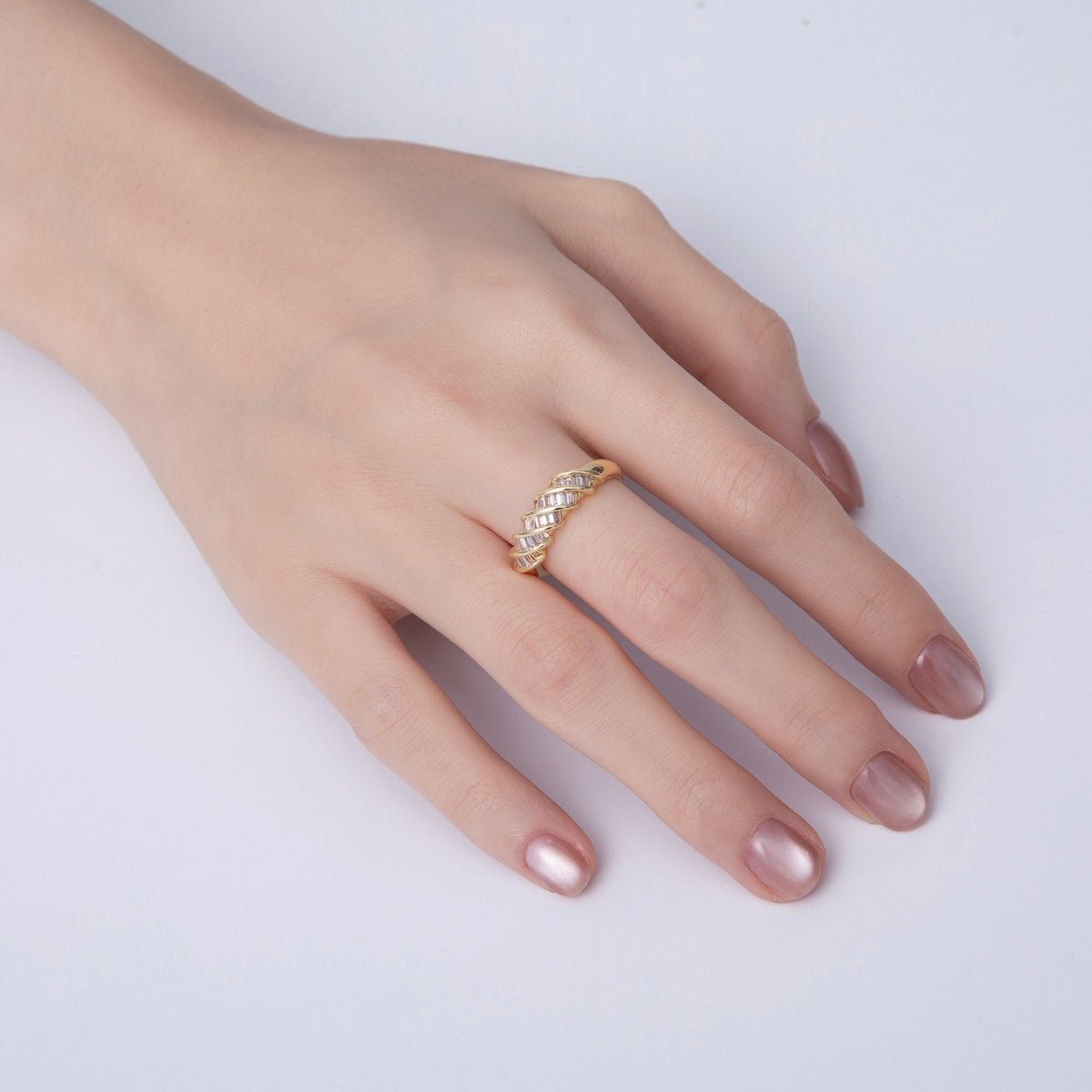 18K Gold Filled Clear Baguette CZ Croissant Adjustable Ring | O788 - DLUXCA