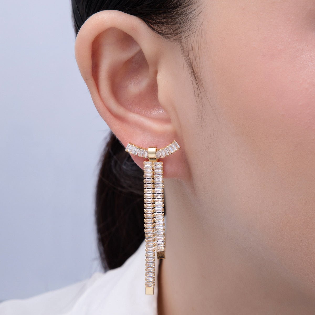 18K Gold Filled Clear Baguette CZ Ribbon Bow Stud Earrings | T065 - DLUXCA