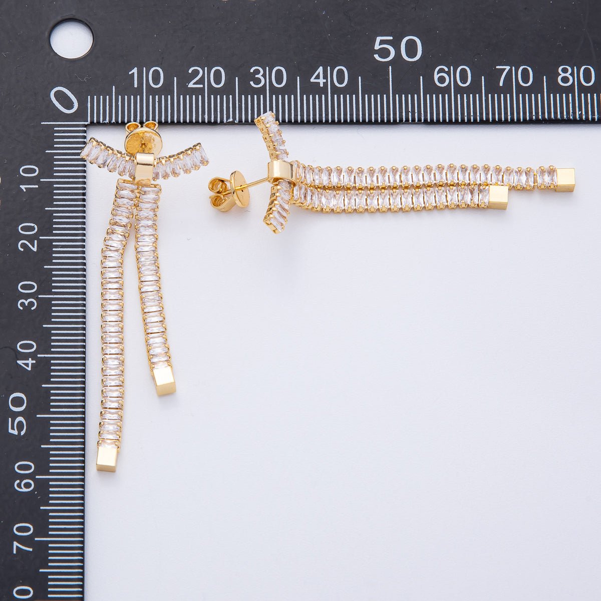 18K Gold Filled Clear Baguette CZ Ribbon Bow Stud Earrings | T065 - DLUXCA