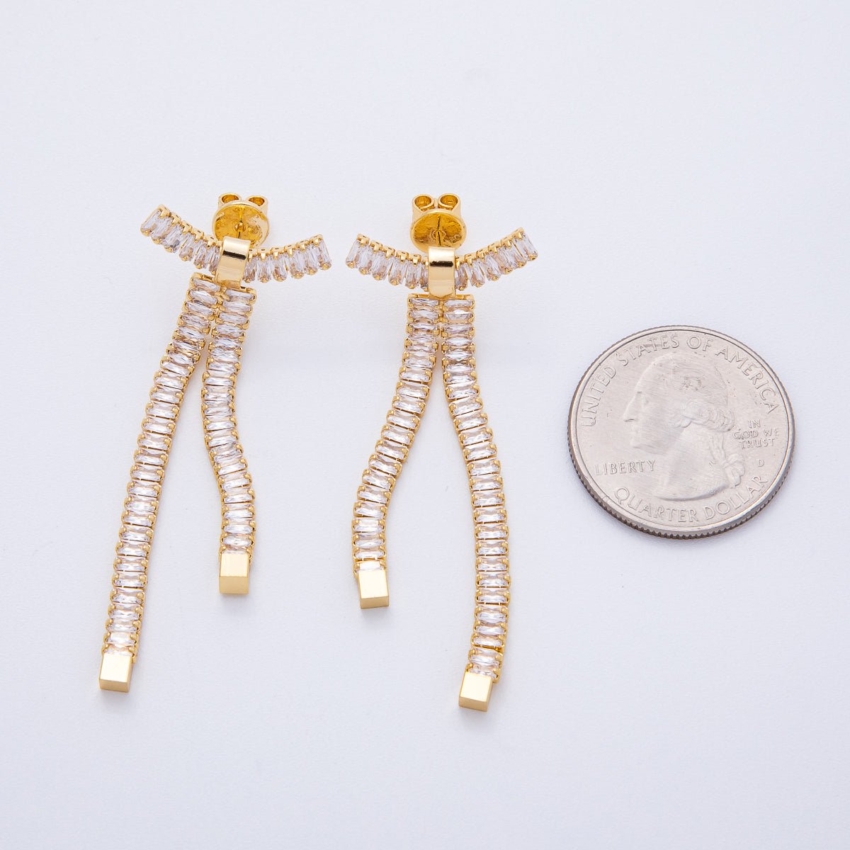 18K Gold Filled Clear Baguette CZ Ribbon Bow Stud Earrings | T065 - DLUXCA
