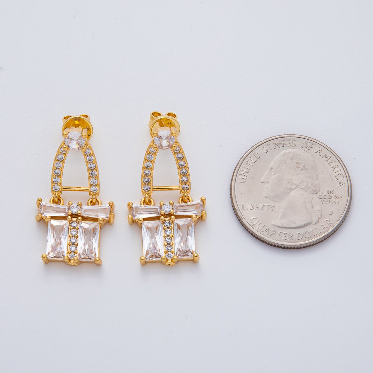 18K Gold Filled Clear Baguette Micro Paved CZ Geometric Drop Stud Earrings | AD1638 - DLUXCA