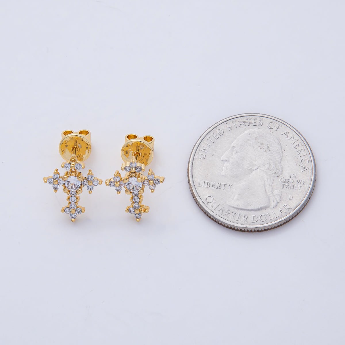 18K Gold Filled Clear CZ Flower Religious Passion Cross Stud Earrings | AD1664 - DLUXCA