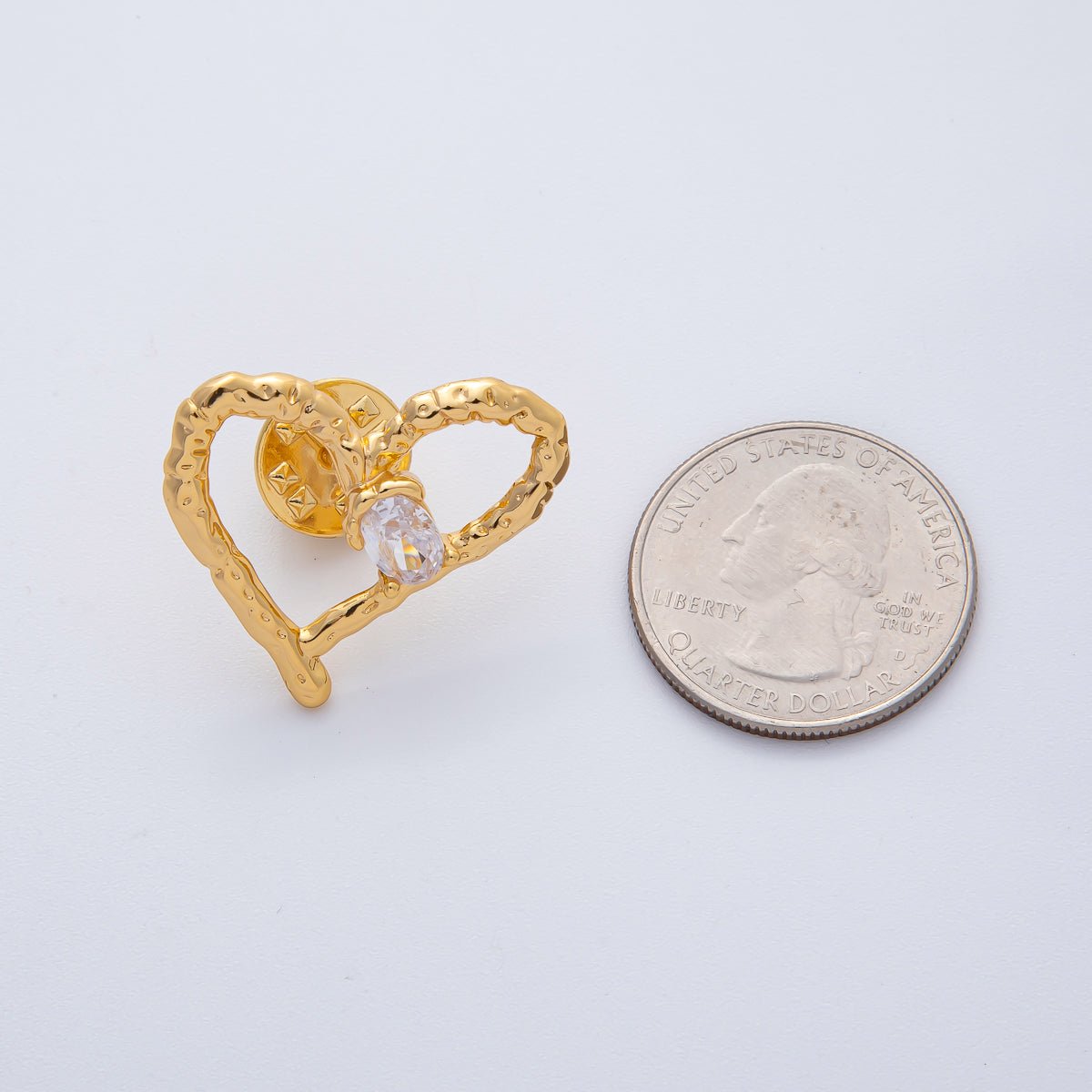 18K Gold Filled Clear CZ Open Hammered Molten Heart Pin Brooch Mini Finding | Z1475 - DLUXCA