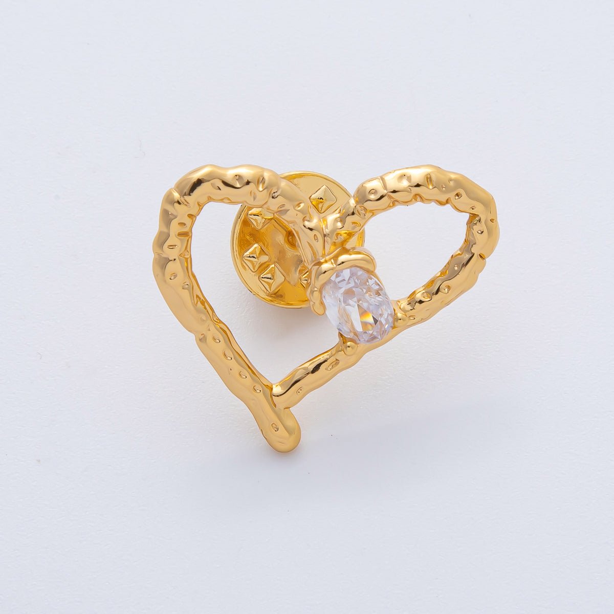 18K Gold Filled Clear CZ Open Hammered Molten Heart Pin Brooch Mini Finding | Z1475 - DLUXCA