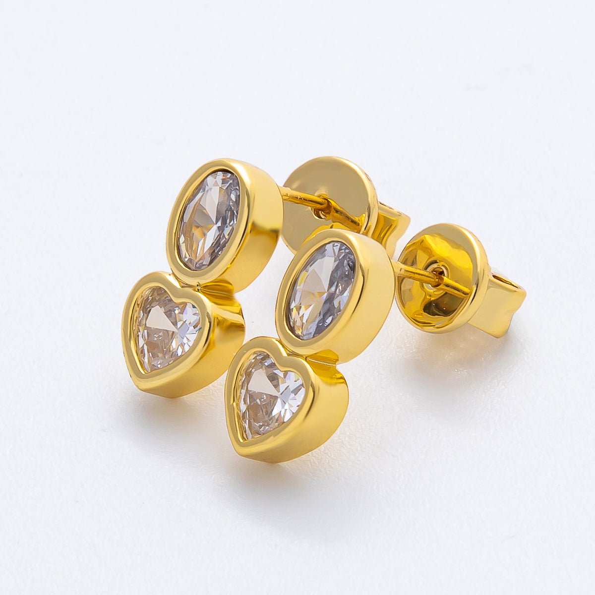 18K Gold Filled Clear CZ Oval Heart Bezel Drop Studs Earrings | AJ285 AJ286 - DLUXCA