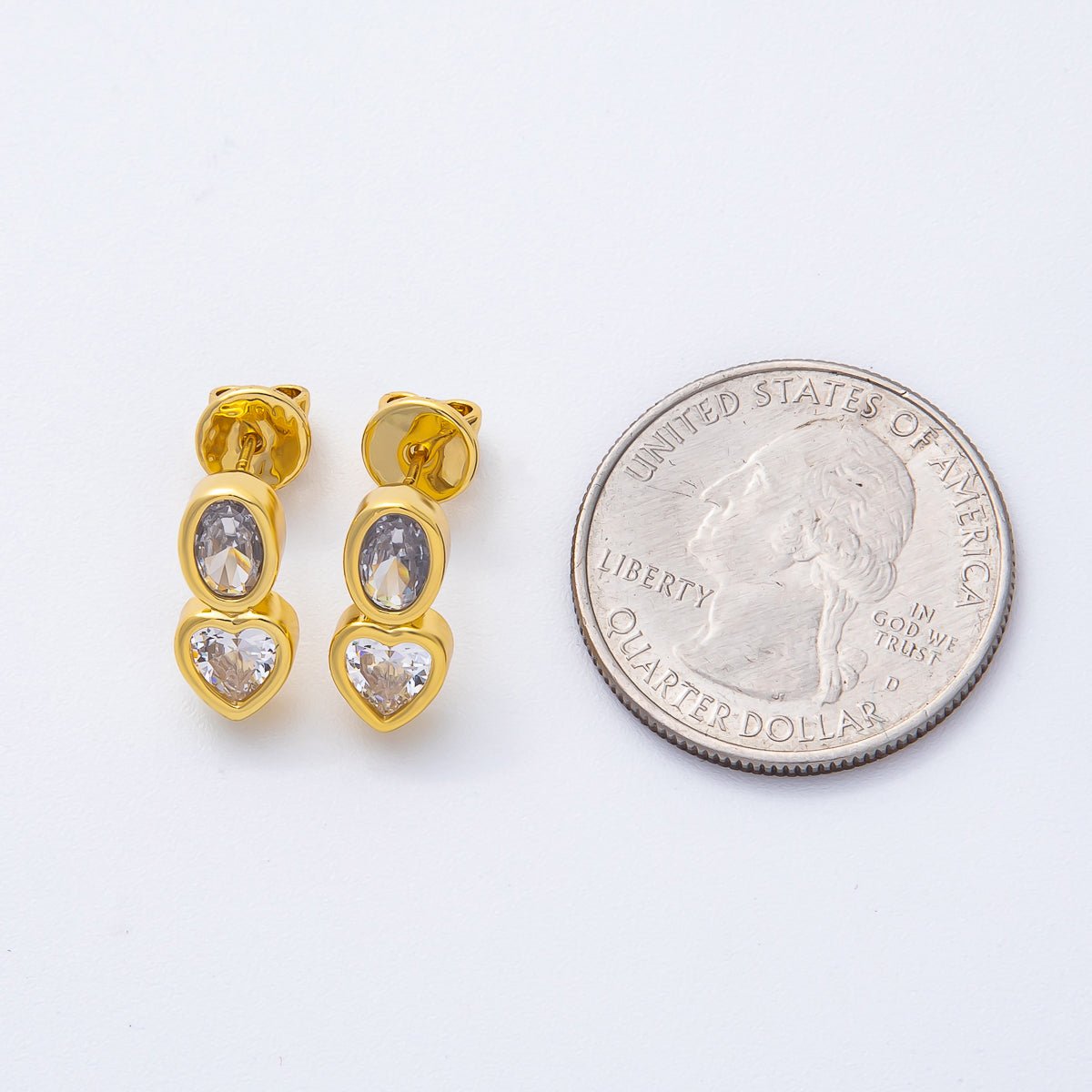 18K Gold Filled Clear CZ Oval Heart Bezel Drop Studs Earrings | AJ285 AJ286 - DLUXCA