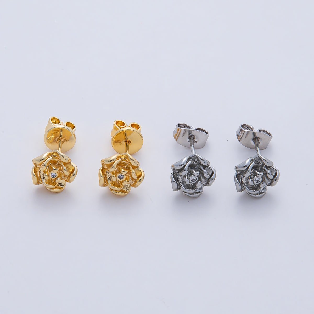 18K Gold Filled Clear CZ Rose Flower Molten Stud Earrings Findings in Gold & Silver | Z1601 - DLUXCA