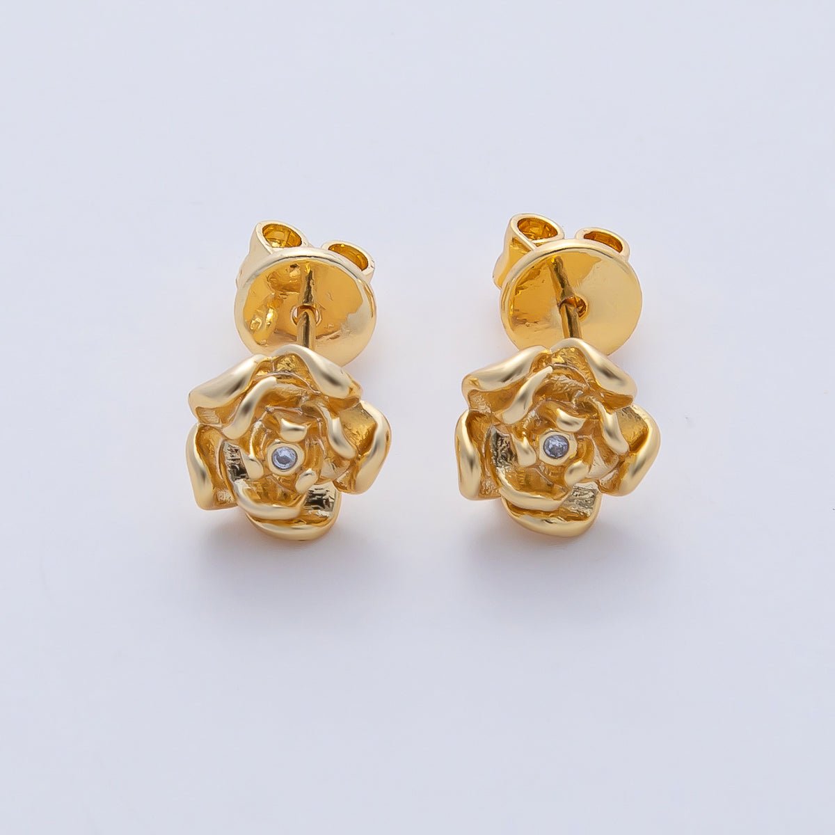 18K Gold Filled Clear CZ Rose Flower Molten Stud Earrings Findings in Gold & Silver | Z1601 - DLUXCA