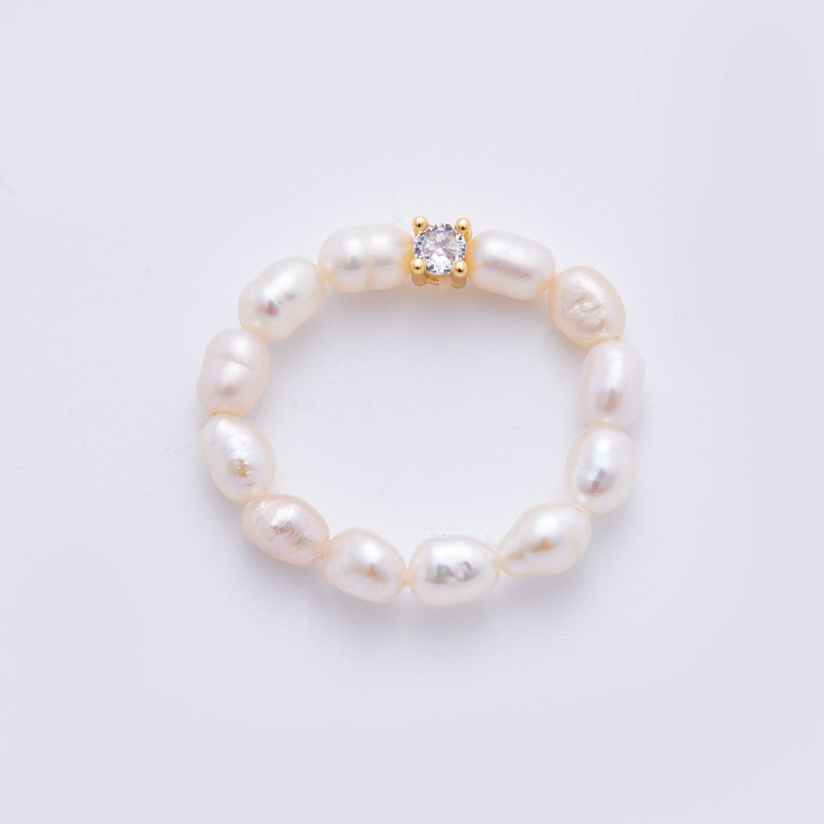 18K Gold Filled Clear CZ Solitaire Freshwater Pearl Handmade Stretch Ring in Gold & Silver | 167 O - 168 - DLUXCA