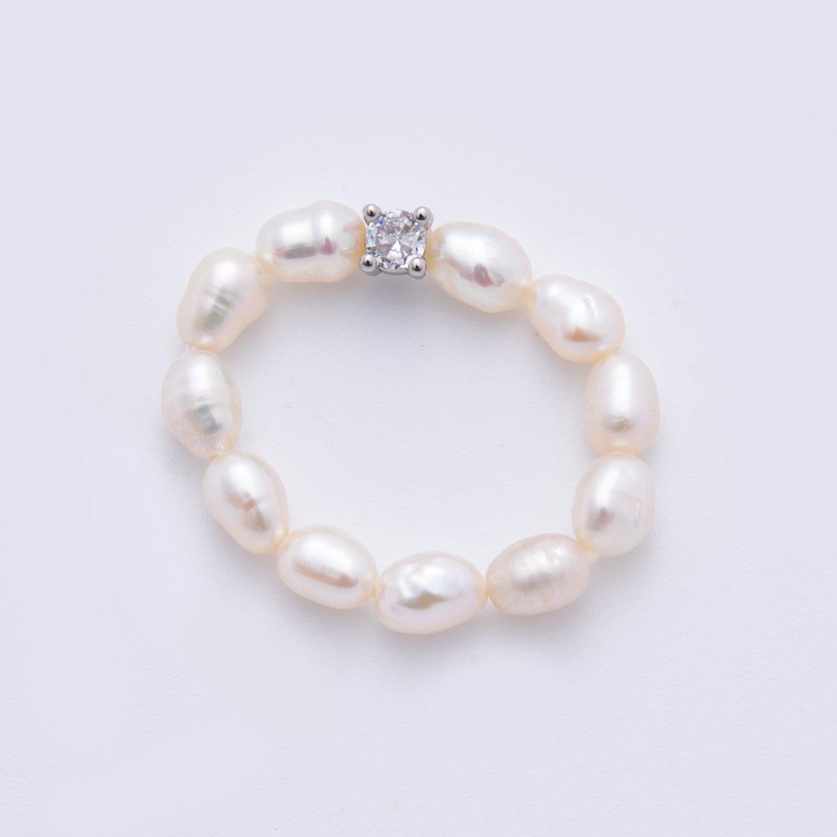 18K Gold Filled Clear CZ Solitaire Freshwater Pearl Handmade Stretch Ring in Gold & Silver | 167 O - 168 - DLUXCA