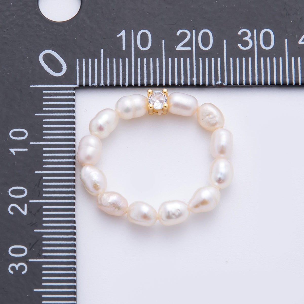 18K Gold Filled Clear CZ Solitaire Freshwater Pearl Handmade Stretch Ring in Gold & Silver | 167 O - 168 - DLUXCA