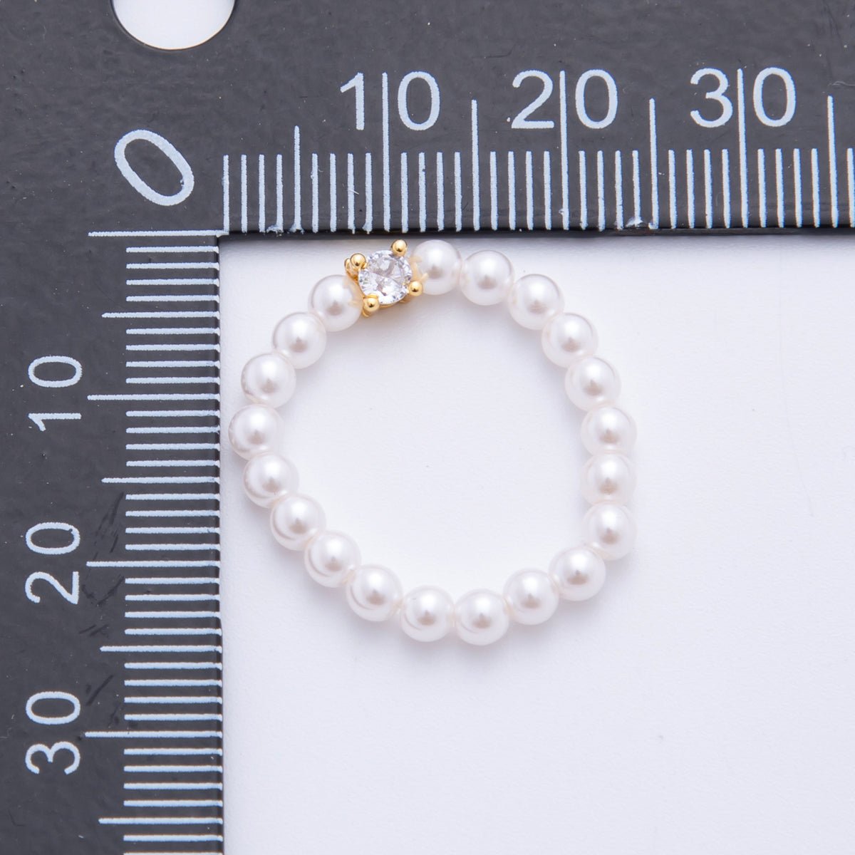 18K Gold Filled Clear CZ Solitaire Shell Pearl Handmade Stretch Ring | O049 - DLUXCA