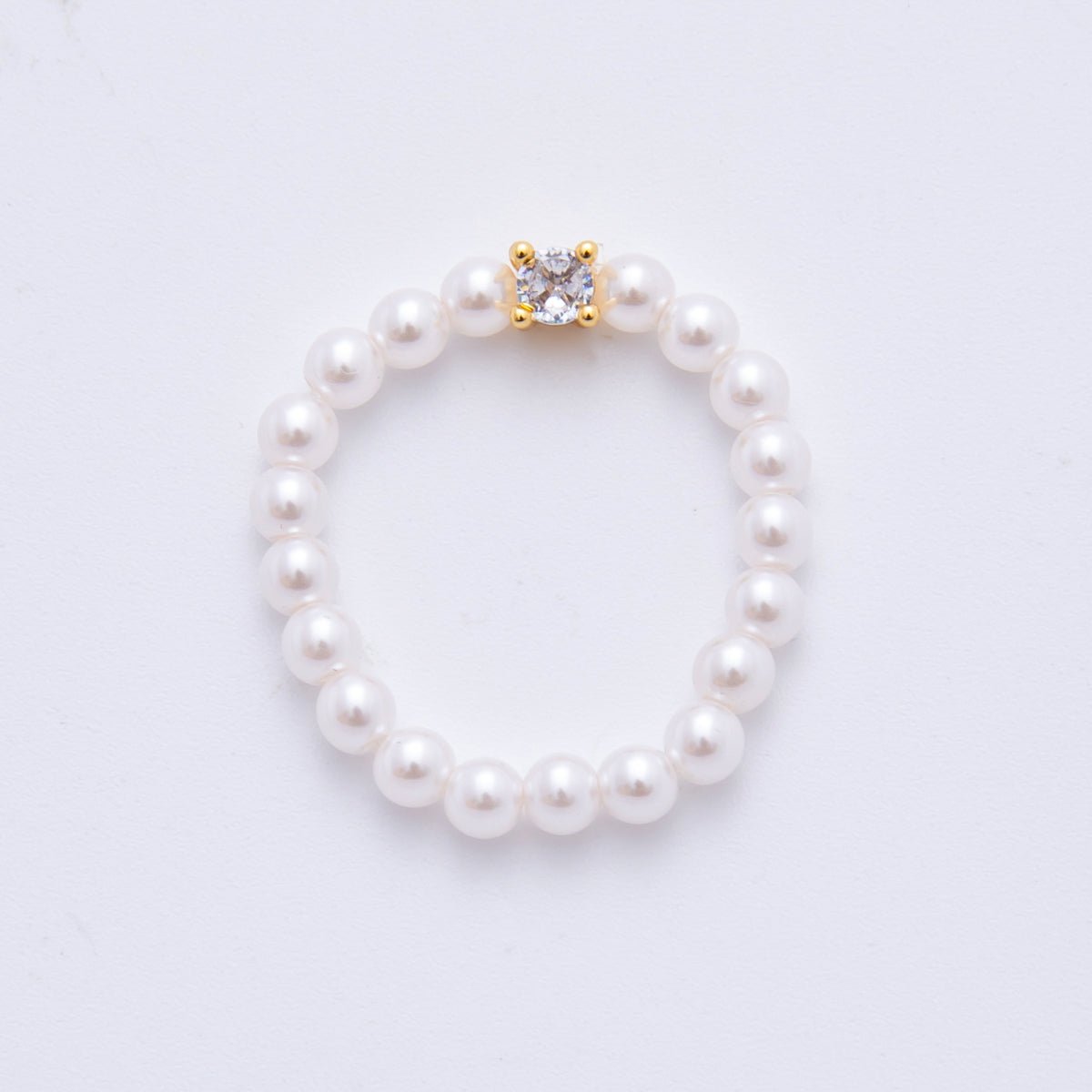 18K Gold Filled Clear CZ Solitaire Shell Pearl Handmade Stretch Ring | O049 - DLUXCA