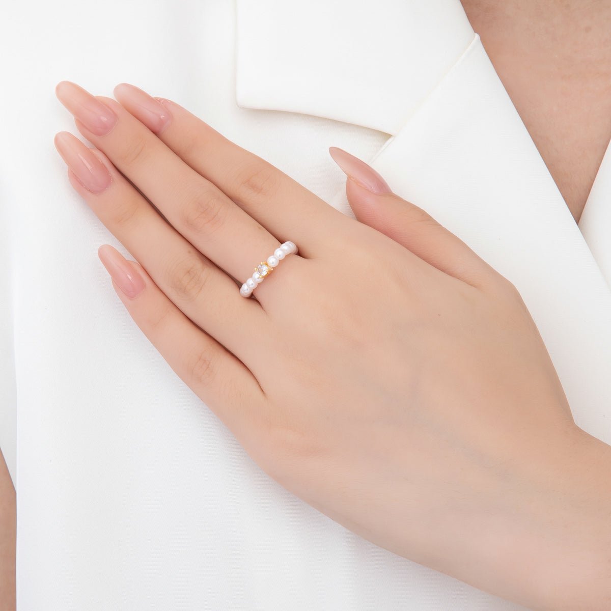 18K Gold Filled Clear CZ Solitaire Shell Pearl Handmade Stretch Ring | O049 - DLUXCA