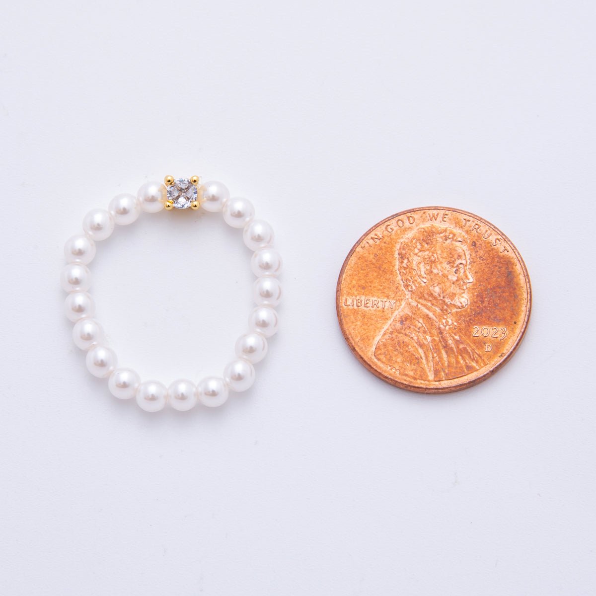 18K Gold Filled Clear CZ Solitaire Shell Pearl Handmade Stretch Ring | O049 - DLUXCA