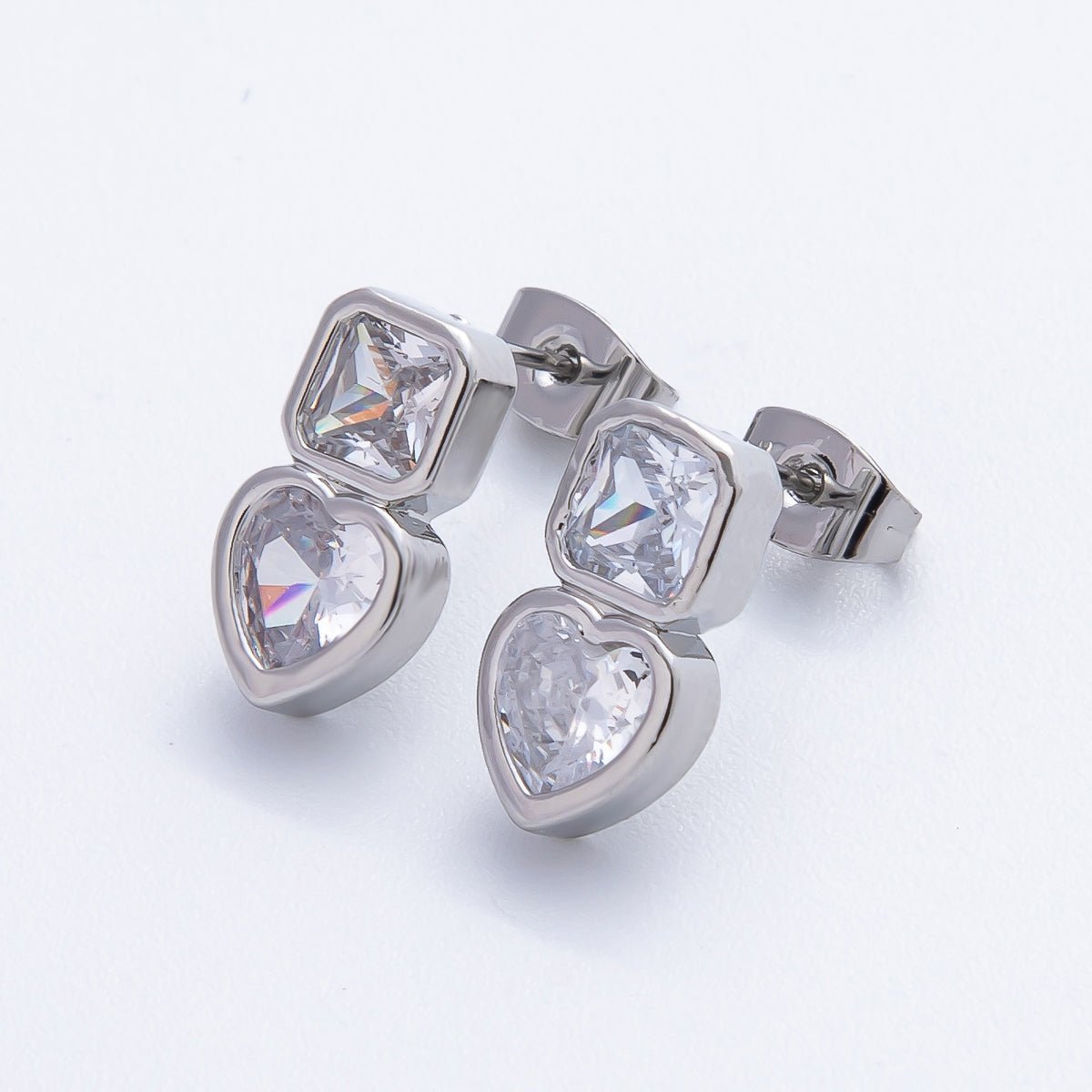 18K Gold Filled Clear CZ Square Heart Bezel Drop Studs Earrings in Gold & Silver | AD1561 AD1562 - DLUXCA