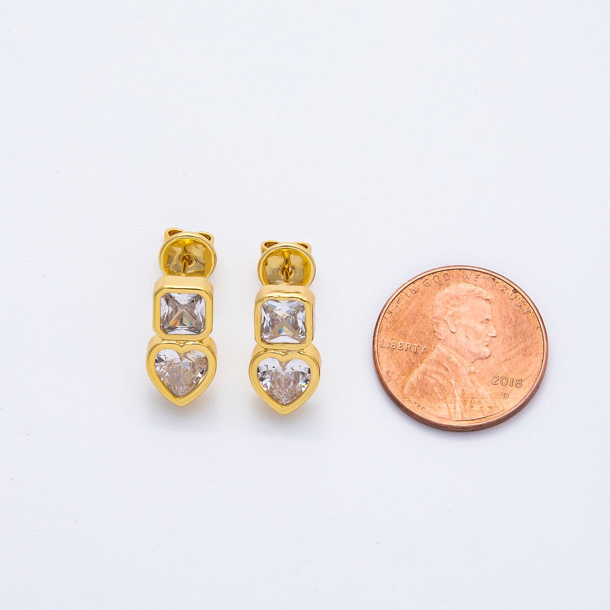 18K Gold Filled Clear CZ Square Heart Bezel Drop Studs Earrings in Gold & Silver | AD1561 AD1562 - DLUXCA