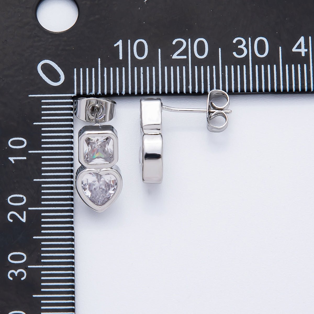 18K Gold Filled Clear CZ Square Heart Bezel Drop Studs Earrings in Gold & Silver | AD1561 AD1562 - DLUXCA