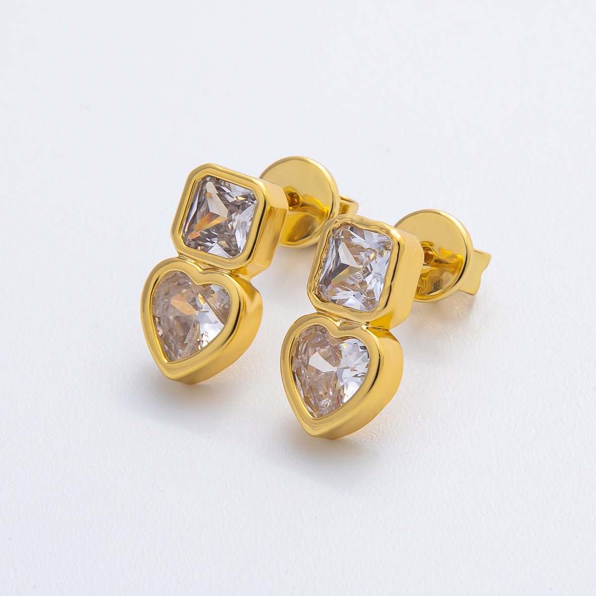 18K Gold Filled Clear CZ Square Heart Bezel Drop Studs Earrings in Gold & Silver | AD1561 AD1562 - DLUXCA