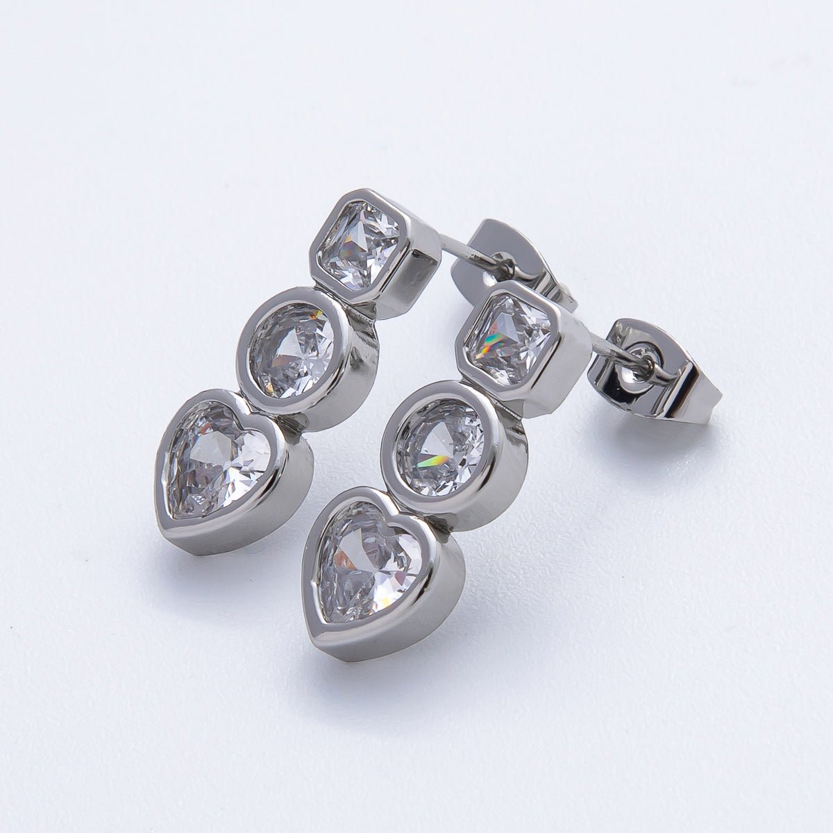 18K Gold Filled Clear CZ Square Round Heart Bezel Drop Studs Earrings in Gold & Silver | AJ283 AJ284 - DLUXCA
