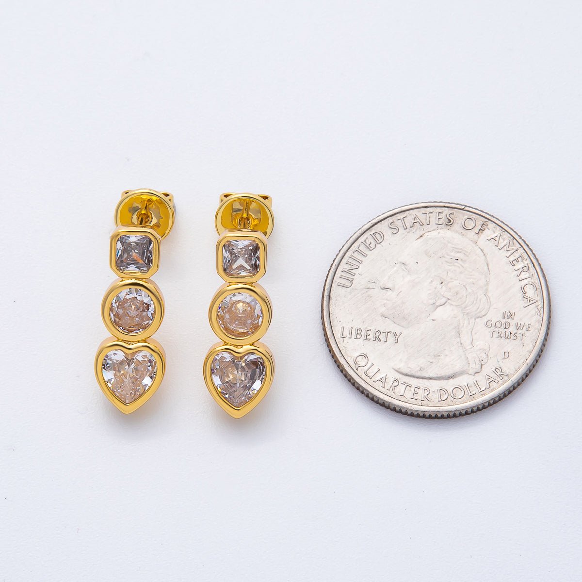 18K Gold Filled Clear CZ Square Round Heart Bezel Drop Studs Earrings in Gold & Silver | AJ283 AJ284 - DLUXCA