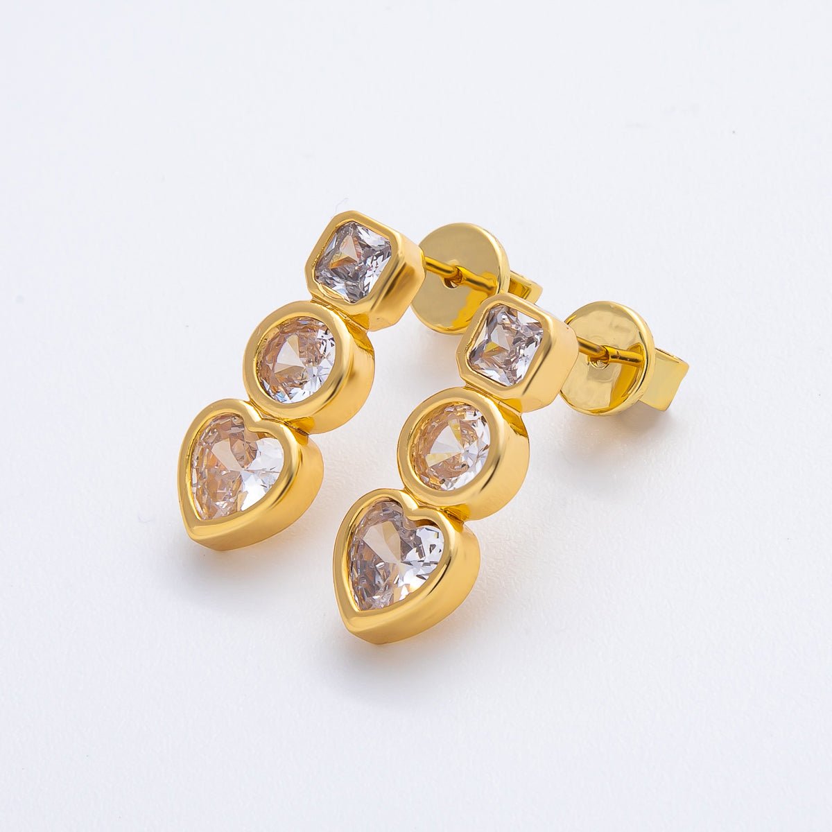 18K Gold Filled Clear CZ Square Round Heart Bezel Drop Studs Earrings in Gold & Silver | AJ283 AJ284 - DLUXCA