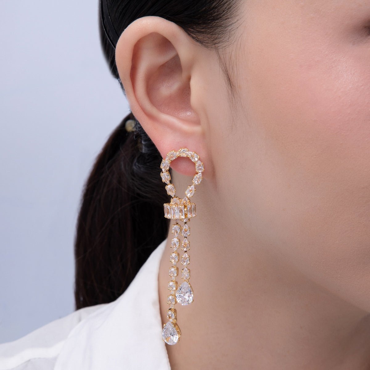 18K Gold Filled Clear CZ Teardrop Baguette Knot Drop Stud Earrings | T067 - DLUXCA