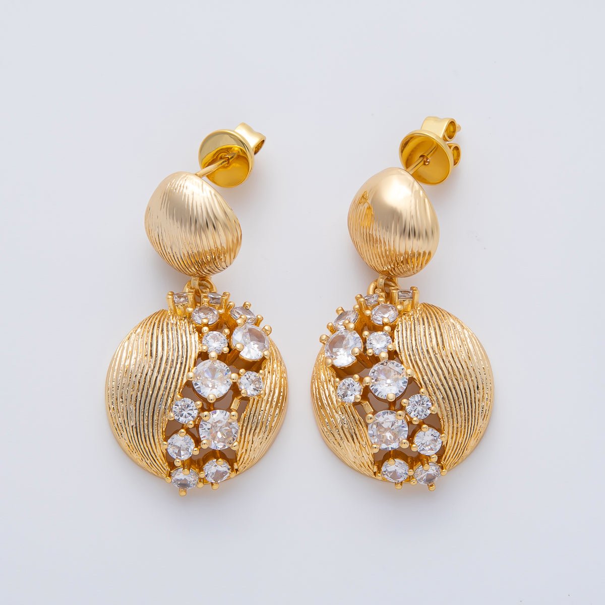 18K Gold Filled Clear, Green, Red Cluster CZ Line - Textured Round Drop Stud Earrings | AD1592 ~ AD1594 - DLUXCA