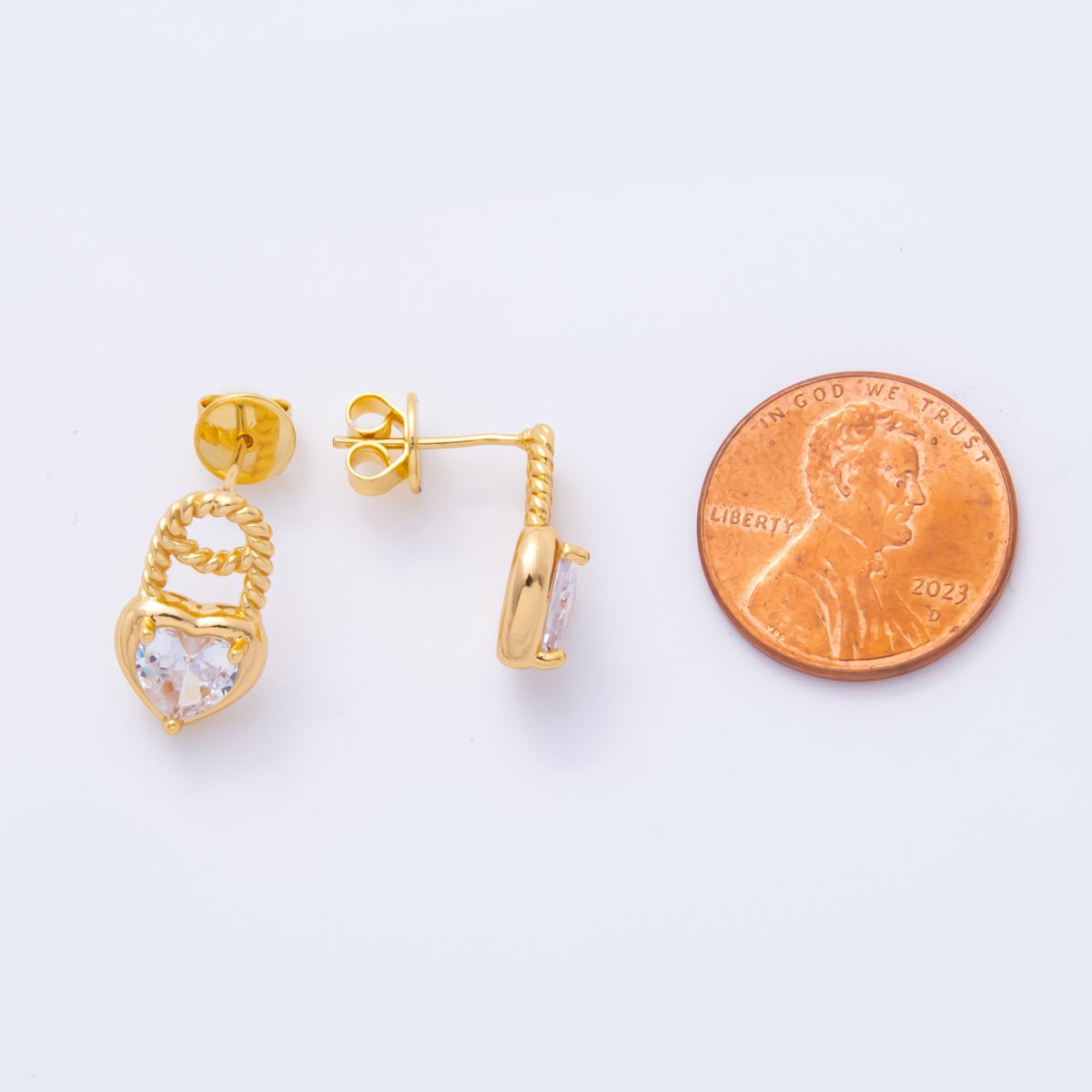 18K Gold Filled Clear Heart CZ Croissant Padlock Drop Studs Earrings | AJ - 180 - DLUXCA