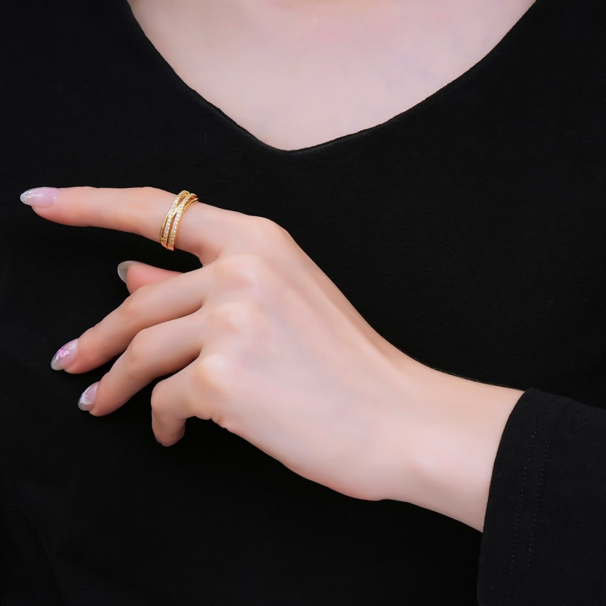 18K Gold Filled Clear Marquise Micro Paved CZ Wave Stacked Double Band Ring | O145 - DLUXCA