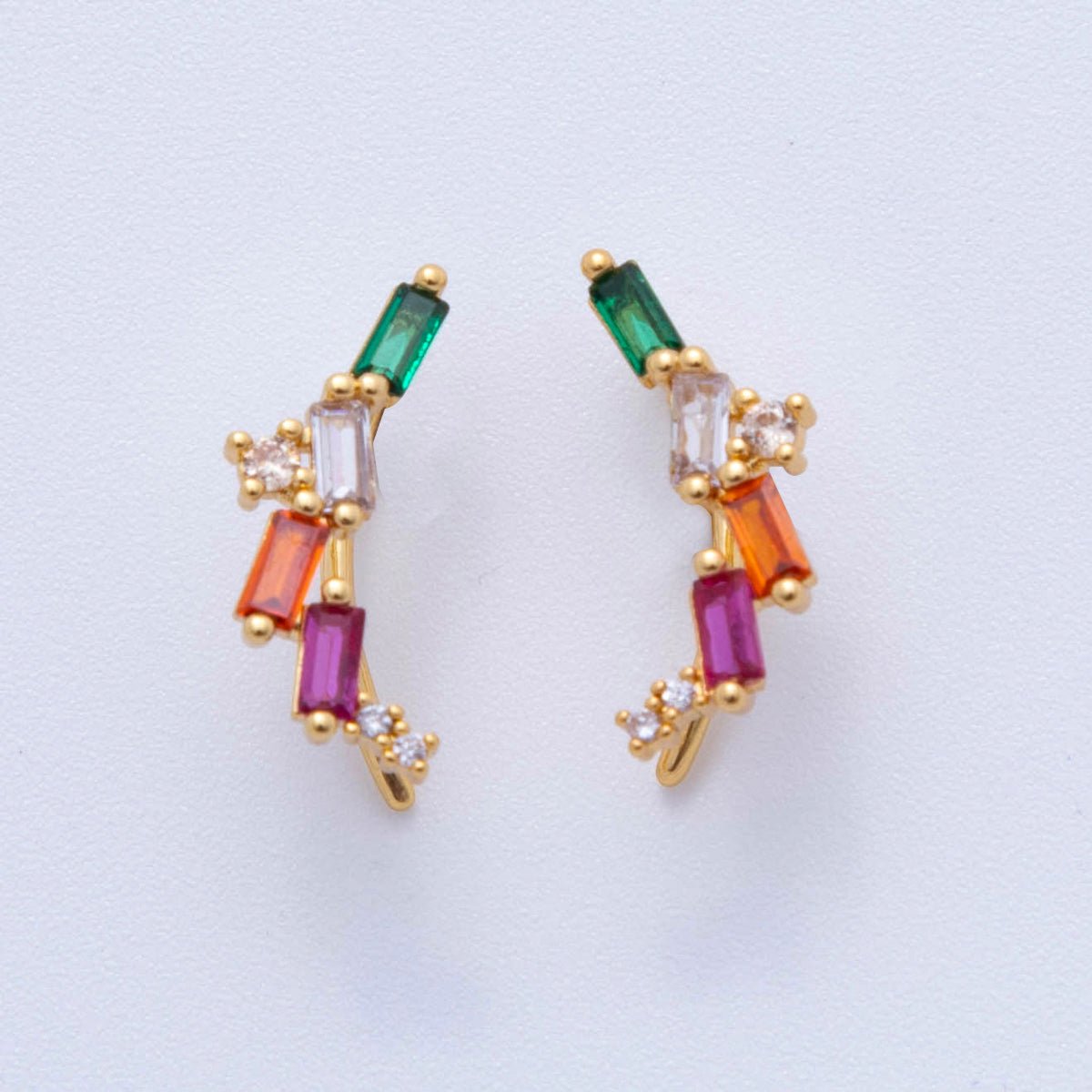 18K Gold Filled Clear & Multicolor Baguette CZ Four Accent Ear Climber Earrings | AI388 AI389 - DLUXCA