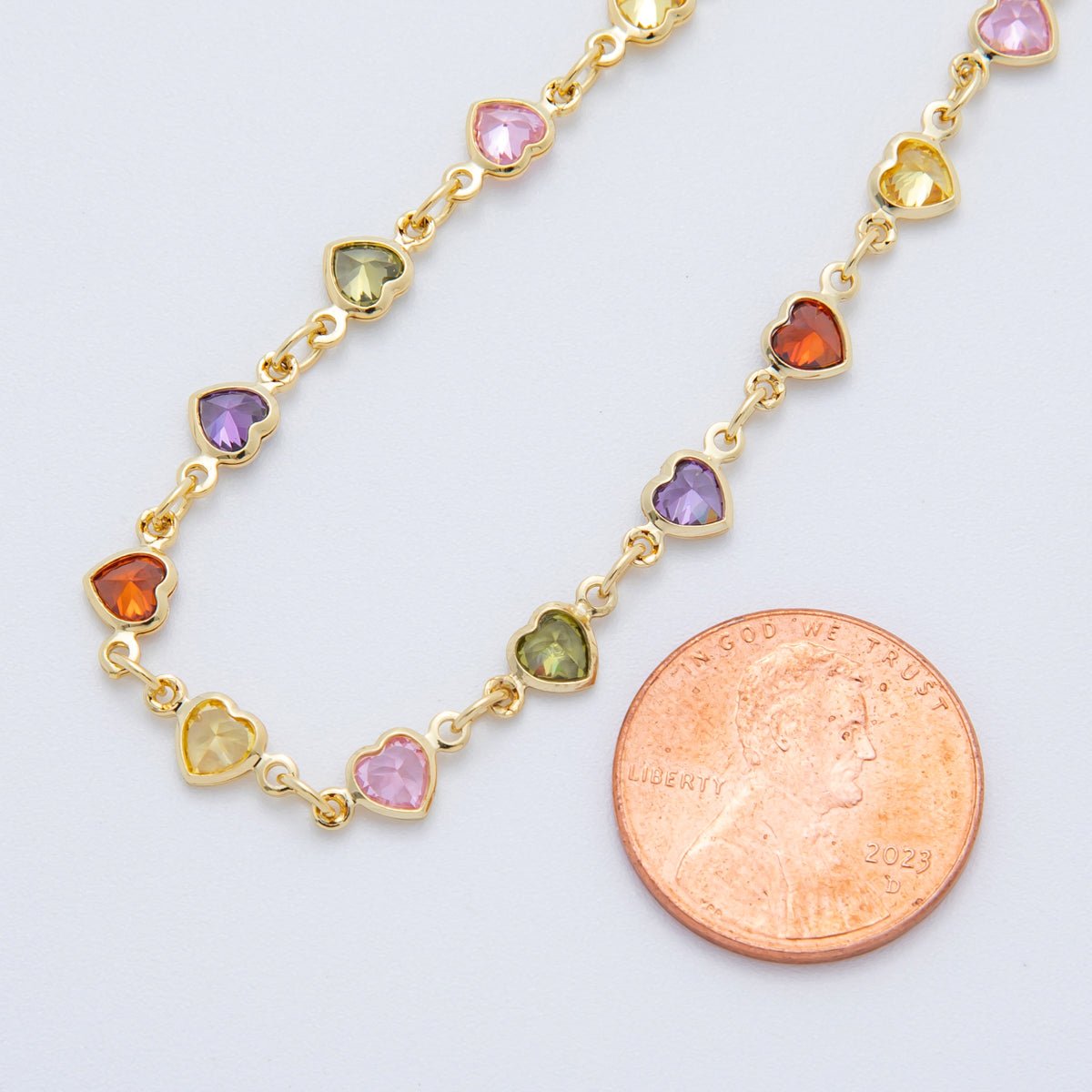 18K Gold Filled Clear, Multicolor, Red CZ Heart Star Sideway Straight 6.9 Inch Bracelet | WA - 3781 - WA - 3782 - DLUXCA