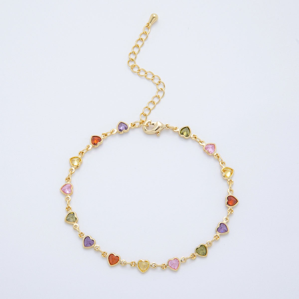 18K Gold Filled Clear, Multicolor, Red CZ Heart Star Sideway Straight 6.9 Inch Bracelet | WA - 3781 - WA - 3782 - DLUXCA