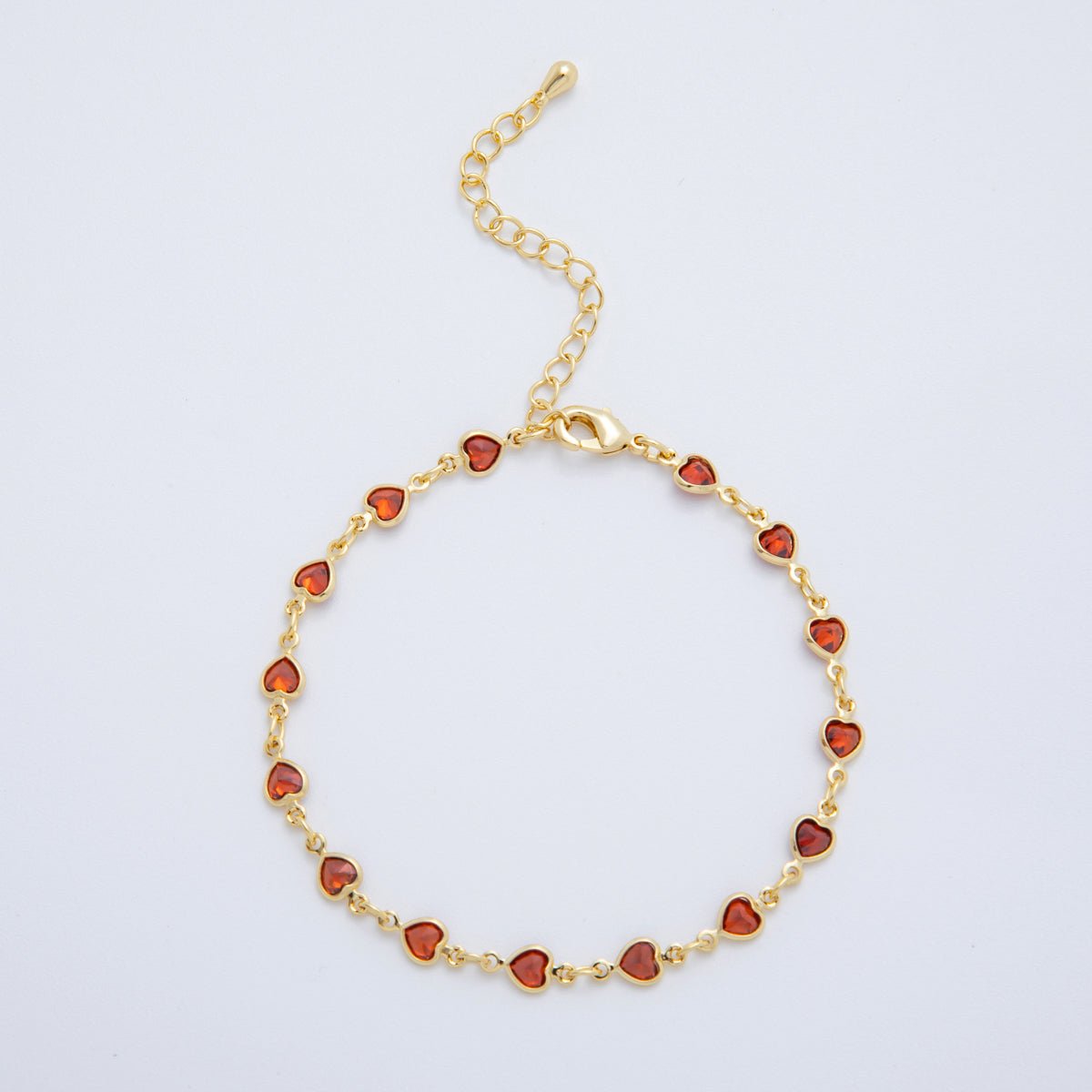 18K Gold Filled Clear, Multicolor, Red CZ Heart Star Sideway Straight 6.9 Inch Bracelet | WA - 3781 - WA - 3782 - DLUXCA