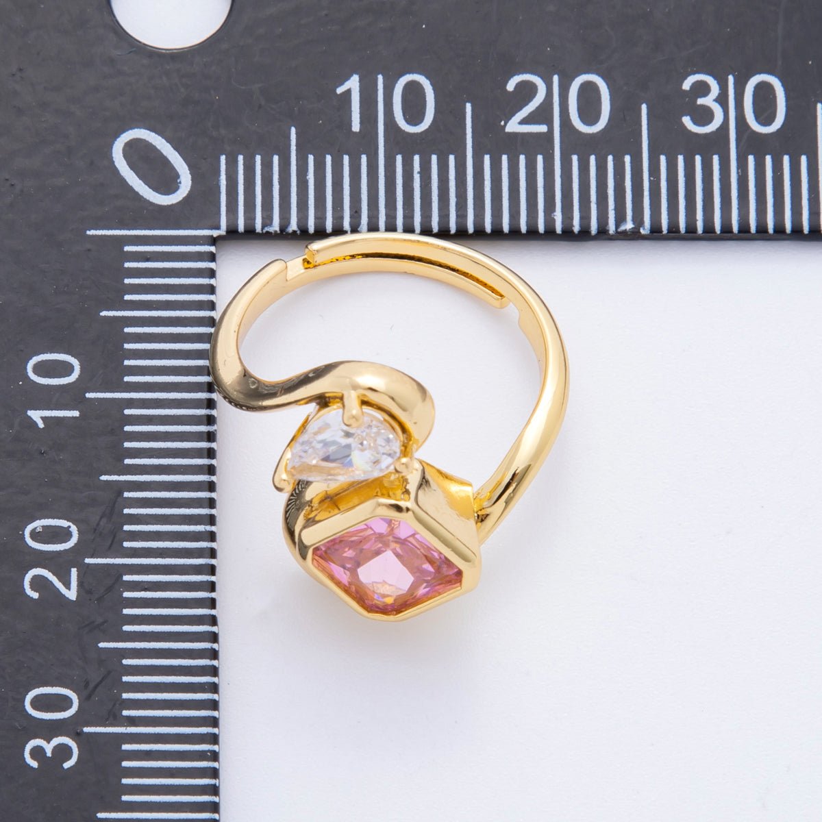 18K Gold Filled Clear, Pink CZ Square Teardrop Curved Adjustable Ring | O238 - DLUXCA